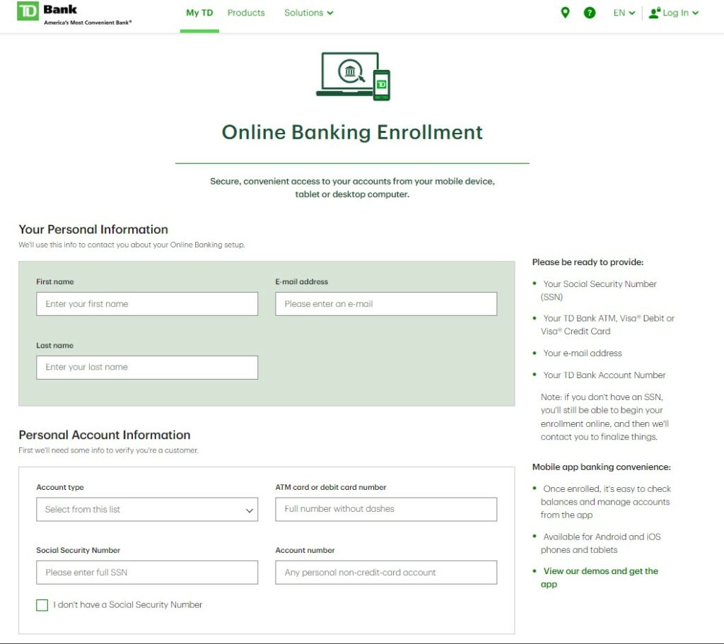 onlinebanking.tdbank.com- my TD Bank Online Banking Login